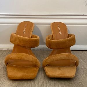 IDEAL SHOES brown suede two strap heeled mule.